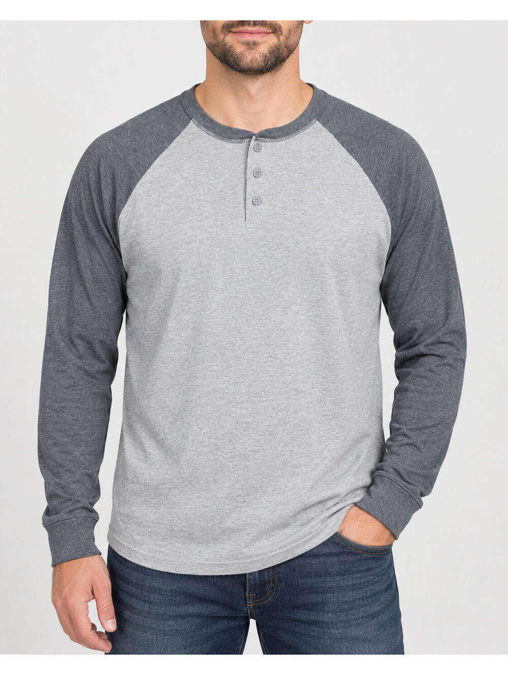 Hanes Size Large Grey Two-Tone Baseball Style Henley Shirt Pre-Owned Good Condit